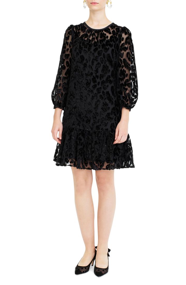 Women's J.crew Leopard Flutter Hem Burnout Velvet Dress - Black