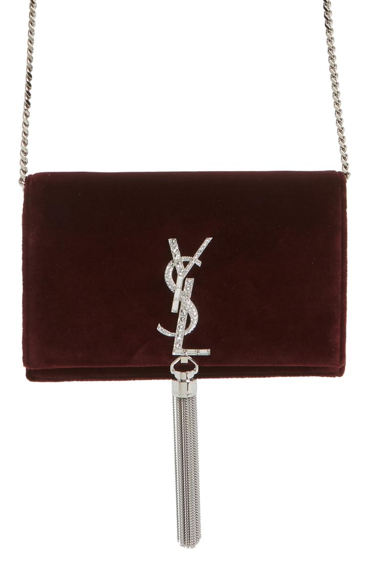 Women's Saint Laurent Small Kate Embellished Velvet Wallet On A Chain -