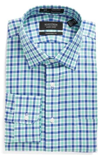 Men's Nordstrom Men's Shop Smartcare(tm) Traditional Fit Check Dress Shirt 34 - Green