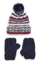 Women's Trouve Chunky Stitch Beanie With Faux Fur Pom & Fingerless Gloves Gift Set - Blue