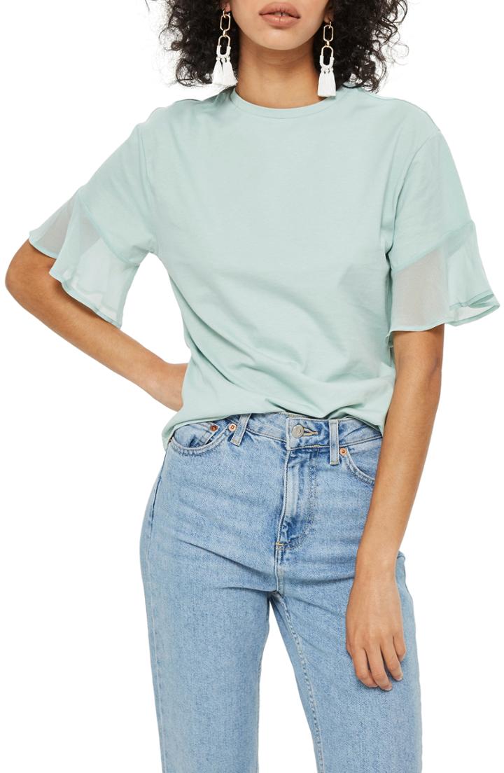 Women's Topshop Frill Sleeve Tee Us (fits Like 0) - Green