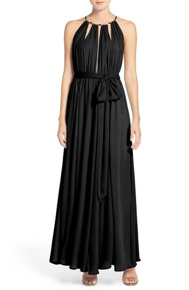 Women's Lulus Gold Metallic Halter Neck Chiffon Gown - Black