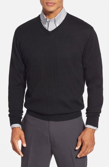 Men's Cutter & Buck 'douglas' Merino Wool Blend V-neck Sweater - Black (online Only)