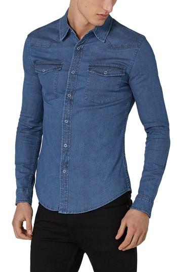 Men's Topman Muscle Fit Denim Western Shirt - Blue