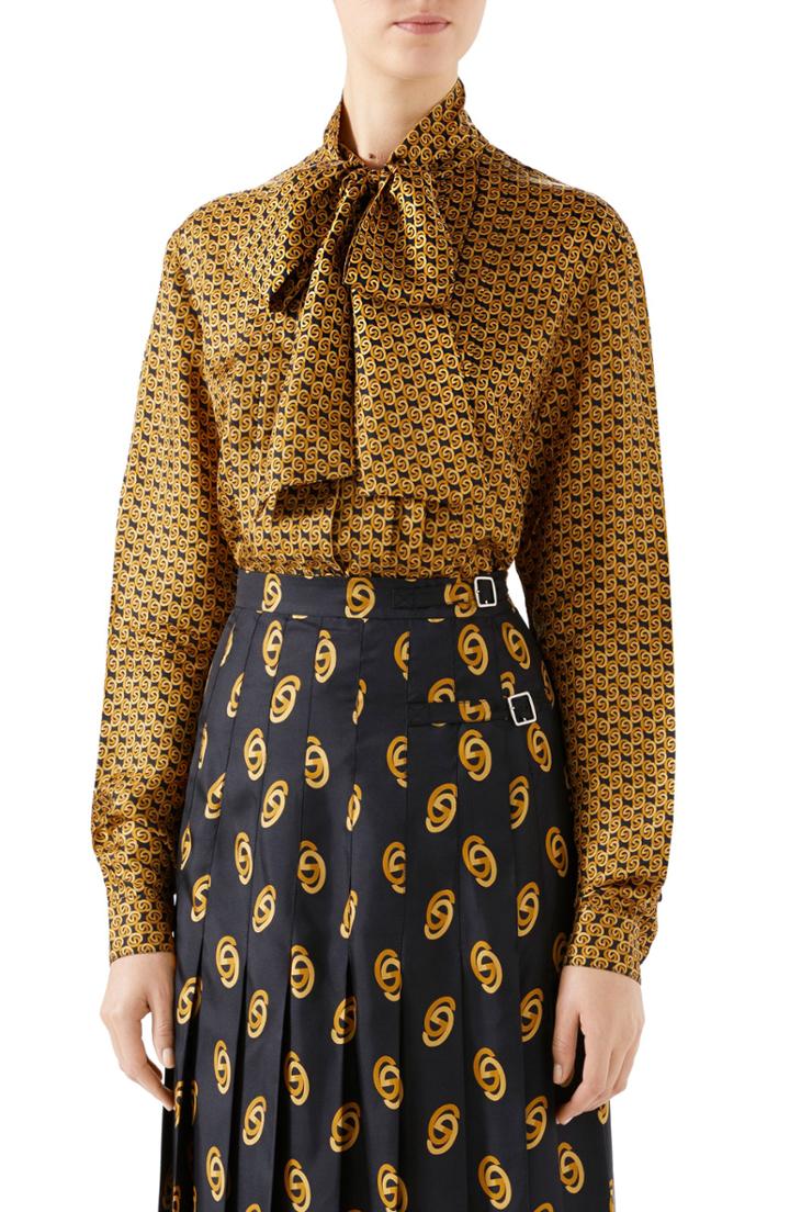 Women's Gucci Gg Silk Twill Bow Blouse Us / 48 It - Black