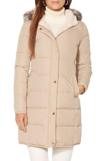 Petite Women's Lauren Ralph Lauren Quilted Down & Feather Jacket With Faux Fur Trim P - Beige