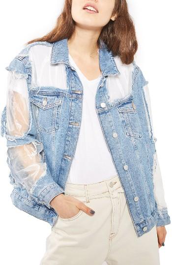 Women's Topshop Moto Organza Oversized Denim Jacket Us (fits Like 0) - Blue