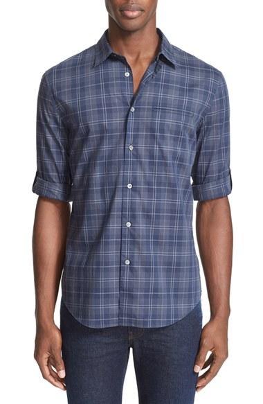 Men's John Varvatos Collection Slim Fit Plaid Roll Sleeve Shirt - Blue