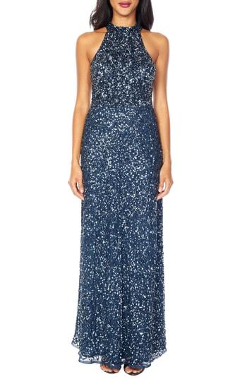 Women's Lace & Beads Annie Sequin Halter Gown - Blue