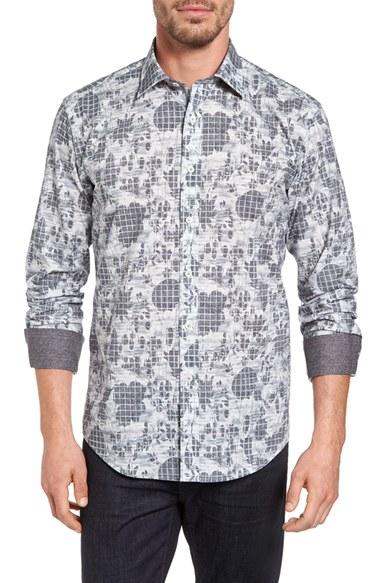Men's Bugatchi Shaped Fit Graphic Sport Shirt - Grey