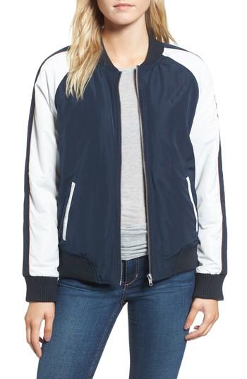 Women's Tommy Hilfiger Mixed Media Varsity Bomber Jacket - Blue