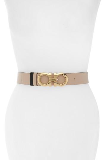 Women's Salvatore Ferragamo Reversible Gancini Leather Belt 0 - New Bisque/ Nero