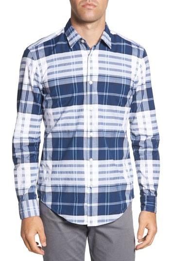 Men's Boss Ronni Slim Fit Check Sport Shirt, Size - Blue