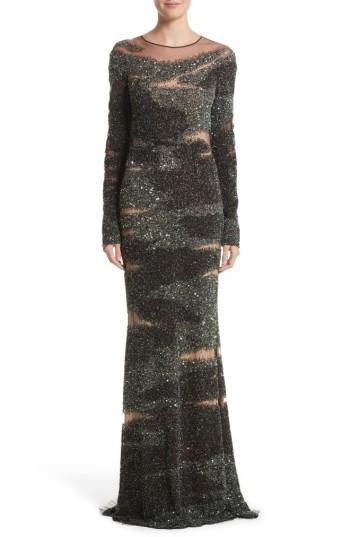 Women's Pamella Roland Brushstroke Sequin Long Sleeve Gown - Green