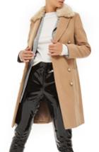 Women's Topshop Nina Faux Fur Collar Double Breasted Coat Us (fits Like 6-8) - Beige