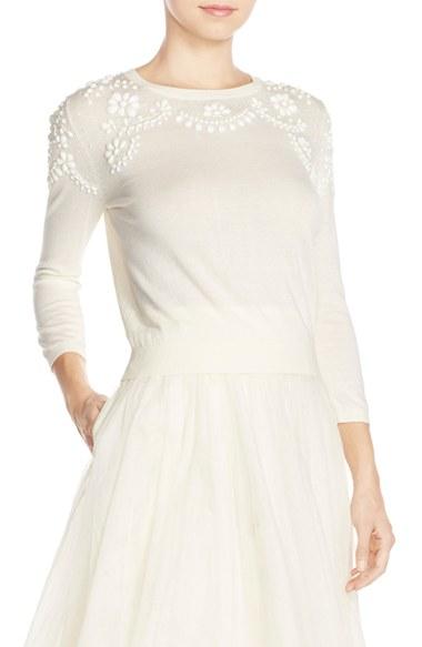 Women's Jenny Yoo 'millie' Beaded Cotton Blend Sweater - White