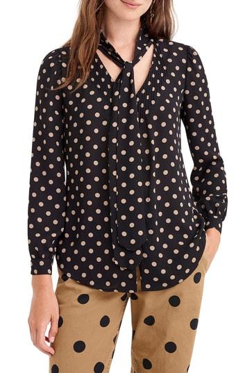 Women's J.crew Polka Dot Tie Neck Top - Black