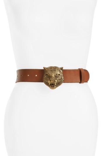 Women's Gucci Tiger Buckle Leather Belt - Brown