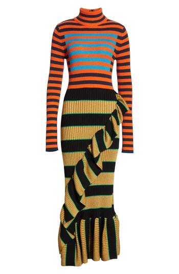 Women's Kenzo Mixed Stripe Ruffle Trim Sweater Dress
