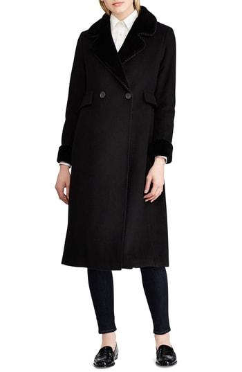 Women's Lauren Ralph Lauren Wool Blend Faux Shearling Trim Coat - Black