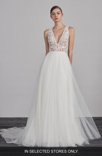 Women's Pronovias Espiga V-neck Lace & Tulle Gown, Size In Store Only - Ivory