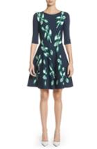 Women's Oscar De La Renta Leaf Intarsia Knit Fit & Flare Dress - Blue