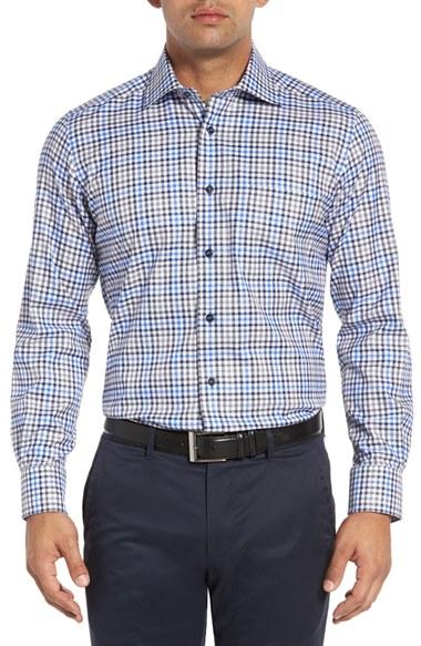 Men's David Donahue Regular Fit Check Sport Shirt, Size - Blue