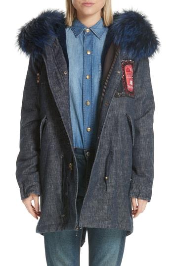 Women's Mr & Mrs Italy Denim Parka With Genuine Fox Fur Trim - Blue