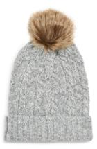 Women's Sole Society Cable Knit Beanie With Faux Fur Pom -