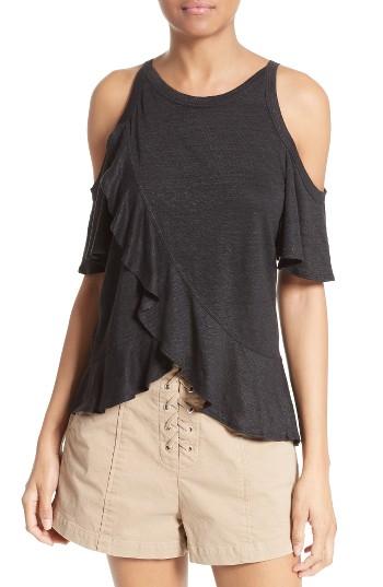 Women's A.l.c. Anya Ruffled Linen Cold Shoulder Tee - Black