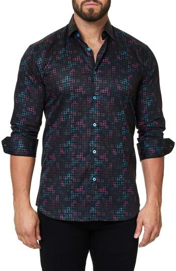 Men's Maceoo Trim Fit Geo Print Sport Shirt (l) - Black