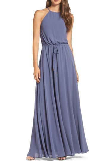 Women's Lulus Be Mellow Cutaway Shoulder Chiffon Gown - Blue