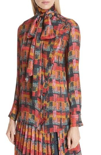 Women's Adam Lippes Print Satin Chiffon Blouse With Detachable Tie - Red