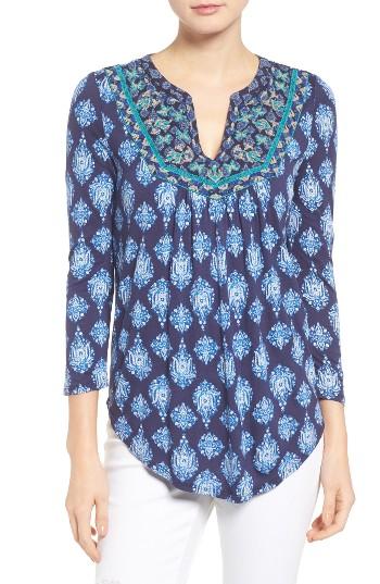 Women's Lucky Brand Embroidered Bib Print Knit Top