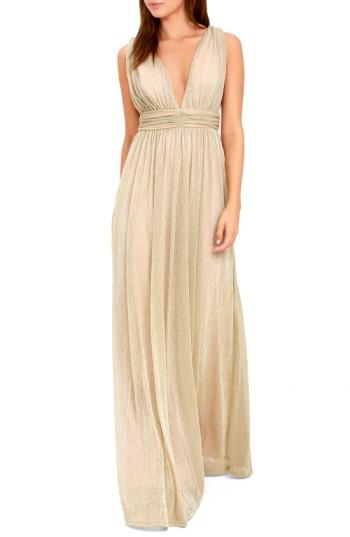 Women's Lulus Plunging Neck Metallic Gown - Metallic