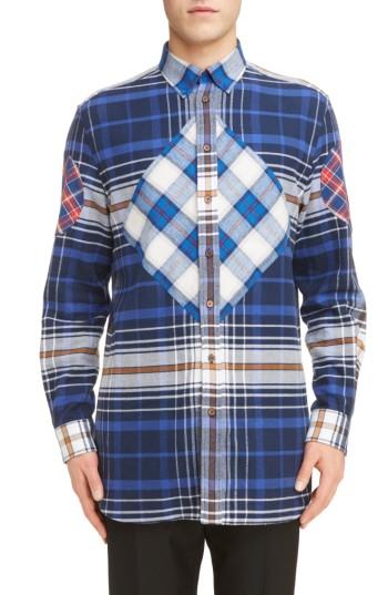 Men's Givenchy Cuban Fit Pieced Flannel Shirt - Blue