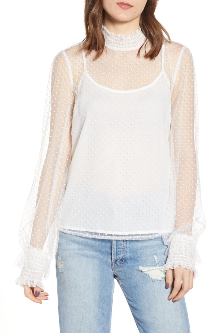 Women's Endless Rose Swiss Dot Sheer Mesh High Neck Blouse - White