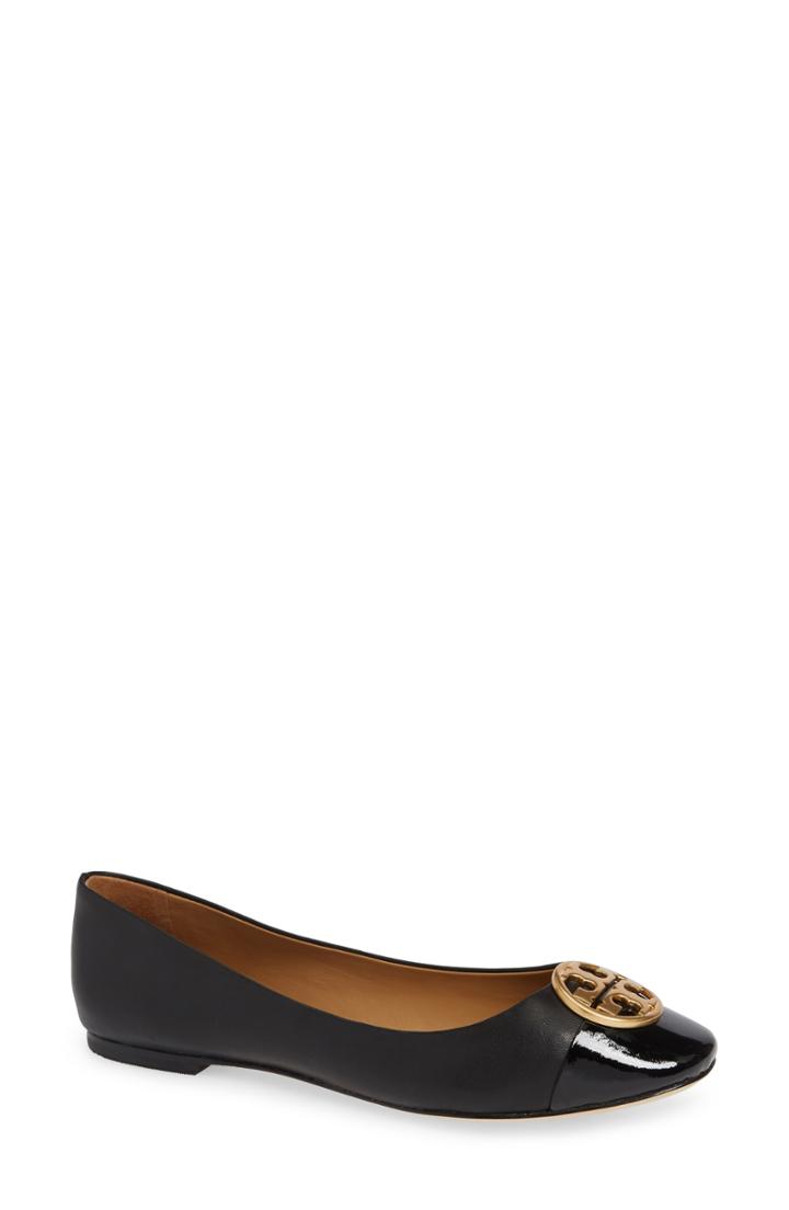 Women's Tory Burch Chelsea Cap Toe Ballet Flat .5 W - Black