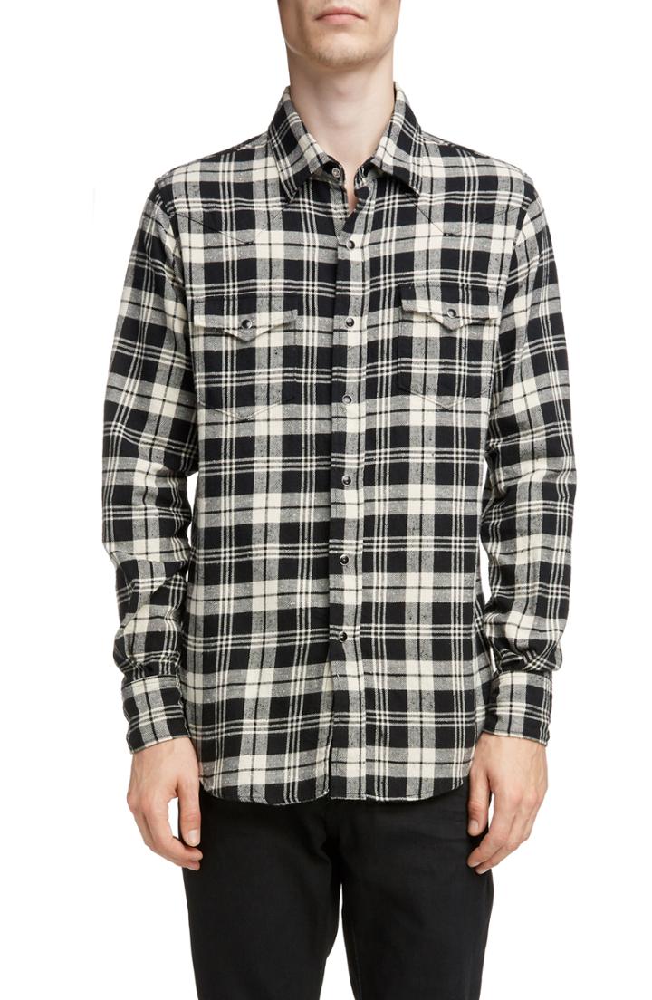 Men's Saint Laurent Plaid Twill Western Shirt - Black