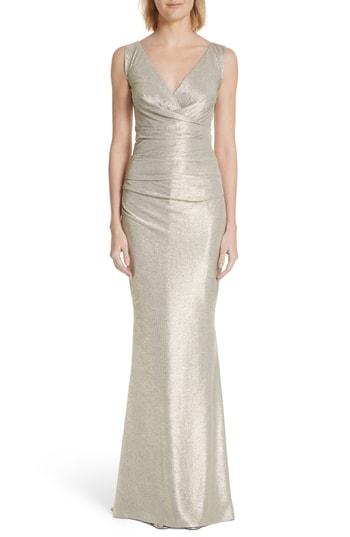 Women's Talbot Runhof Pleated Microdot Satin Gown - Metallic