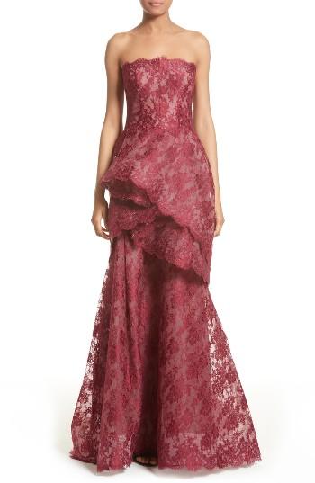 Women's Monique Lhuillier Tiered Strapless Lace Gown