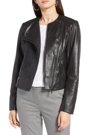 Women's Halogen Collarless Leather Jacket - Black