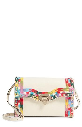 Valentino Garavani Medium Rockstud Embroidered Leather Shoulder Bag - Ivory