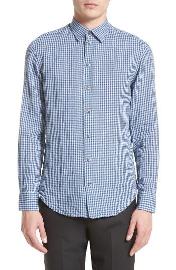 Men's Armani Collezioni Trim Fit Gingham Check Linen Shirt - Blue