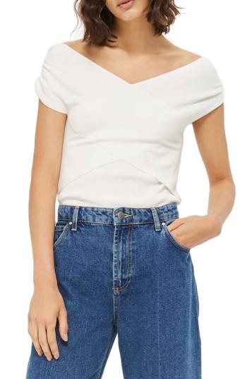 Women's Topshop Ruched Shoulder Bardot Top Us (fits Like 0-2) - Ivory