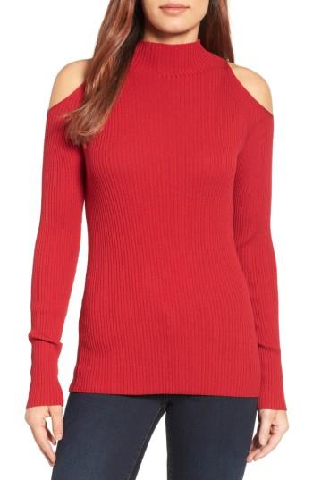 Women's Halogen Rib Knit Cold Shoulder Sweater - Red