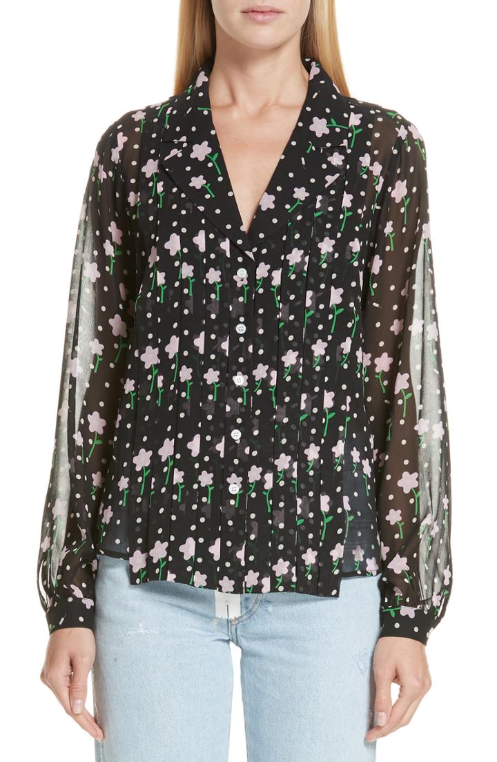 Women's Sandy Liang Floral Print Pleated Silk Blouse