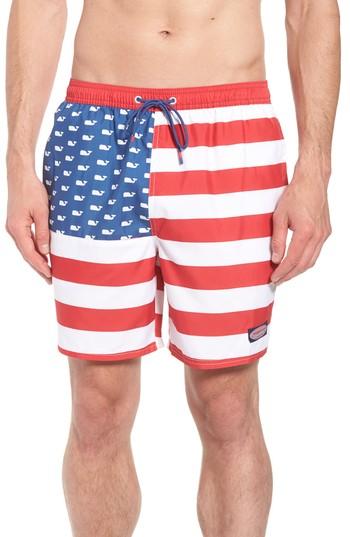 Men's Vineyard Vines Chappy Usa Flag Swim Trunks, Size - Blue