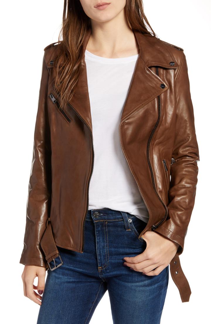 Women's Lamarque Belted Leather Biker Jacket, Size - Brown