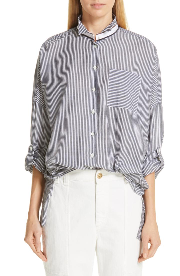 Women's Brunello Cucinelli Monilli Trim Pinstripe Cotton & Silk Shirt - White